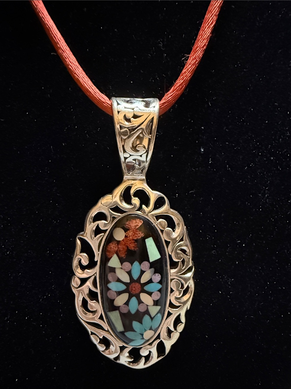 Carolyn Pollack Floral Mosaic Oval Pendant Necklace - Red Cord